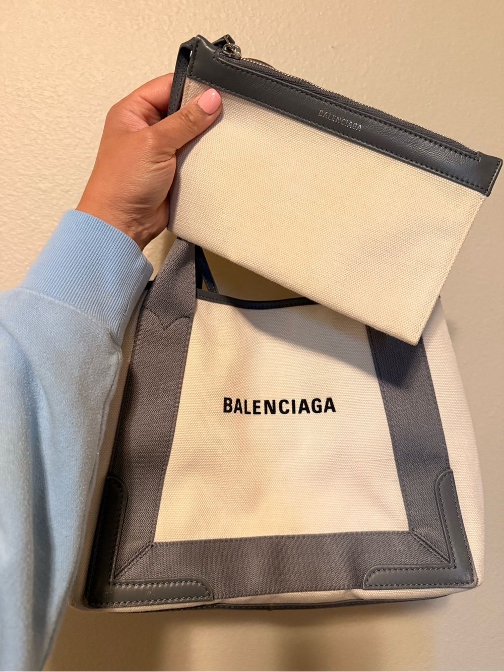Balenciaga Gray Cabas S Canvas Leather Tote with Removable Pouch - Cream & Gray